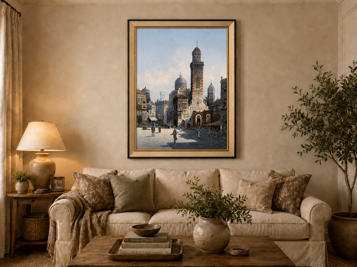 Landscape Oil Painting - Italian Cathedral Square and Market