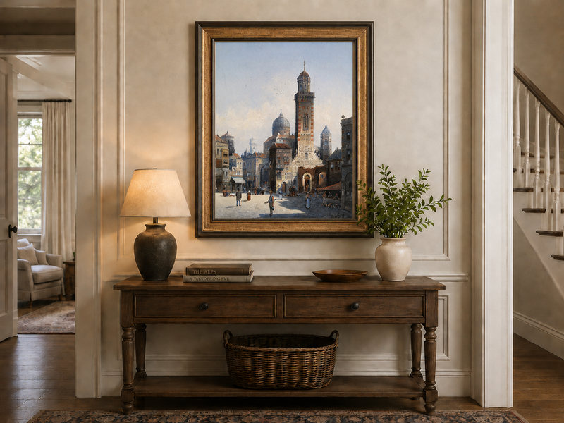 Landscape Oil Painting - Italian Cathedral Square and Market
