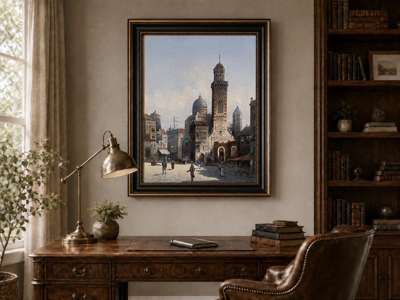 Landscape Oil Painting - Italian Cathedral Square and Market
