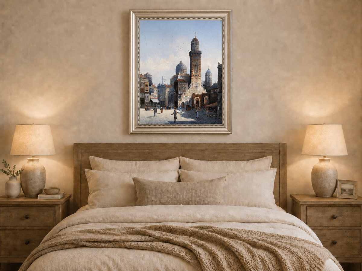 Landscape Oil Painting - Italian Cathedral Square and Market