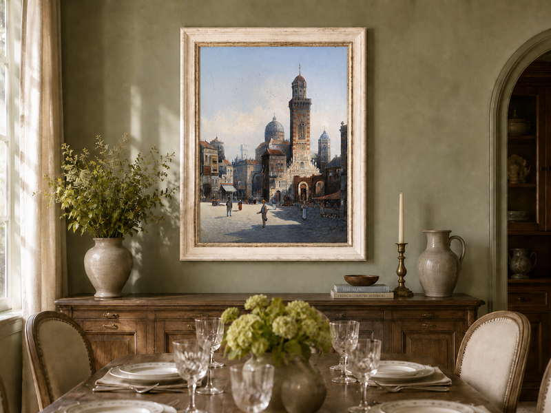 Landscape Oil Painting - Italian Cathedral Square and Market