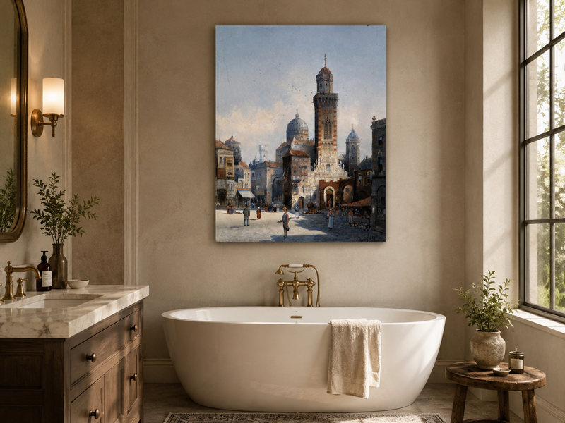 Landscape Oil Painting - Italian Cathedral Square and Market