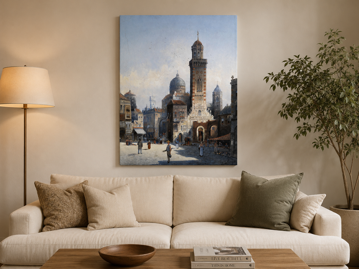 Landscape Oil Painting - Italian Cathedral Square and Market