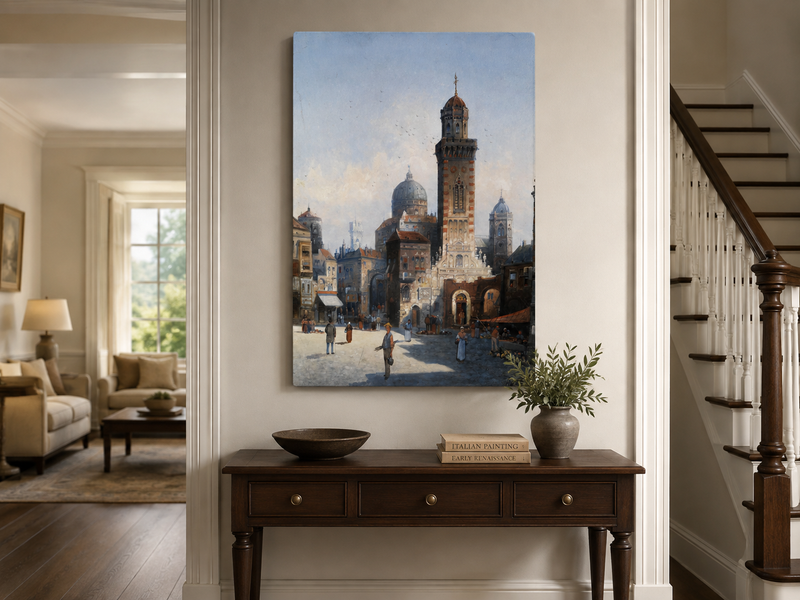 Landscape Oil Painting - Italian Cathedral Square and Market