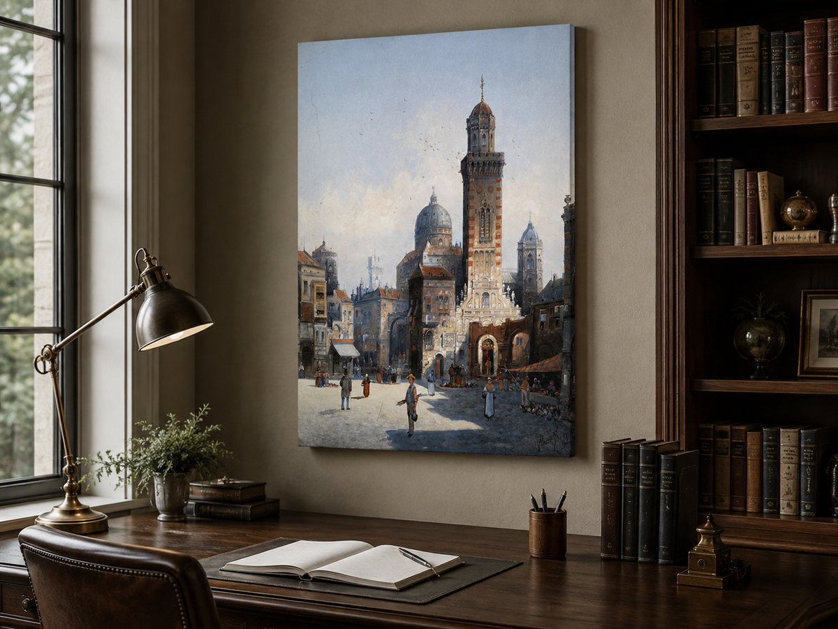 Landscape Oil Painting - Italian Cathedral Square and Market