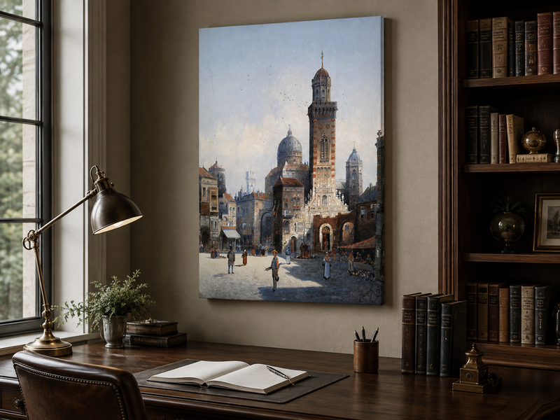 Landscape Oil Painting - Italian Cathedral Square and Market