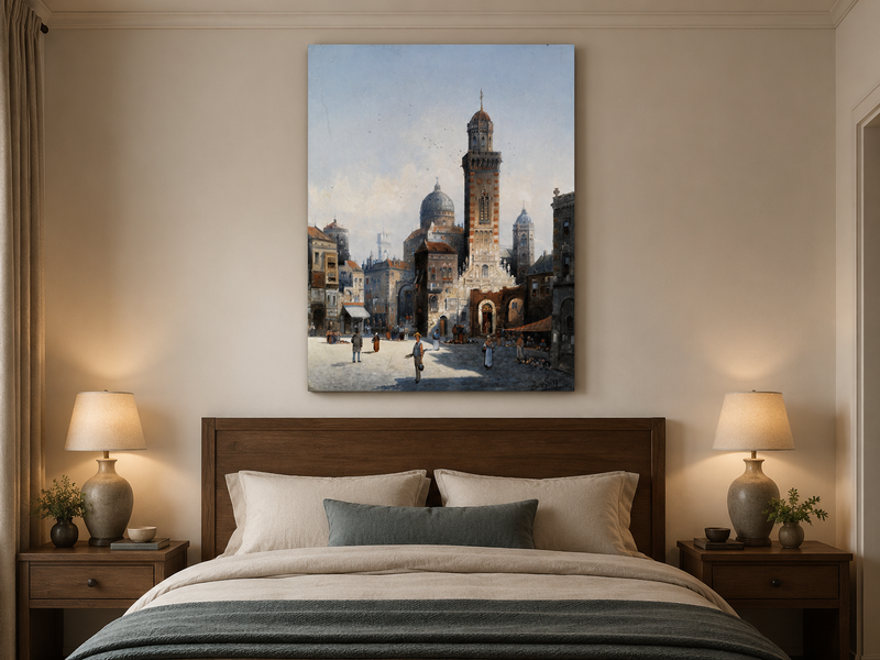 Landscape Oil Painting - Italian Cathedral Square and Market