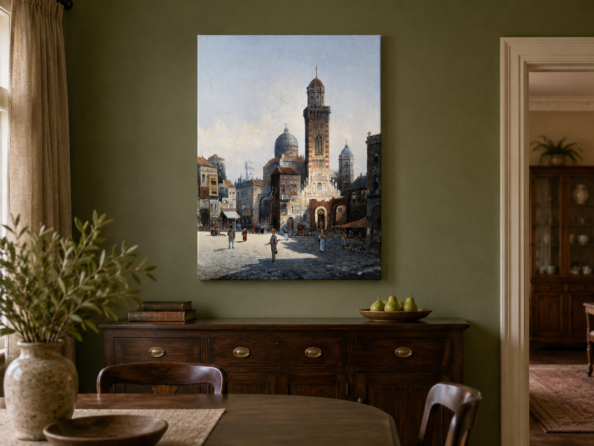 Landscape Oil Painting - Italian Cathedral Square and Market