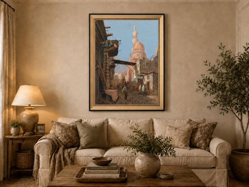 Landscape Oil Painting - Cairo Street Mosque and Market Scene
