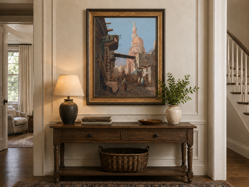 Landscape Oil Painting - Cairo Street Mosque and Market Scene