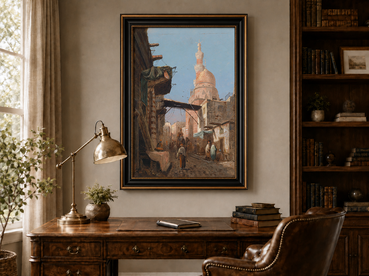 Landscape Oil Painting - Cairo Street Mosque and Market Scene