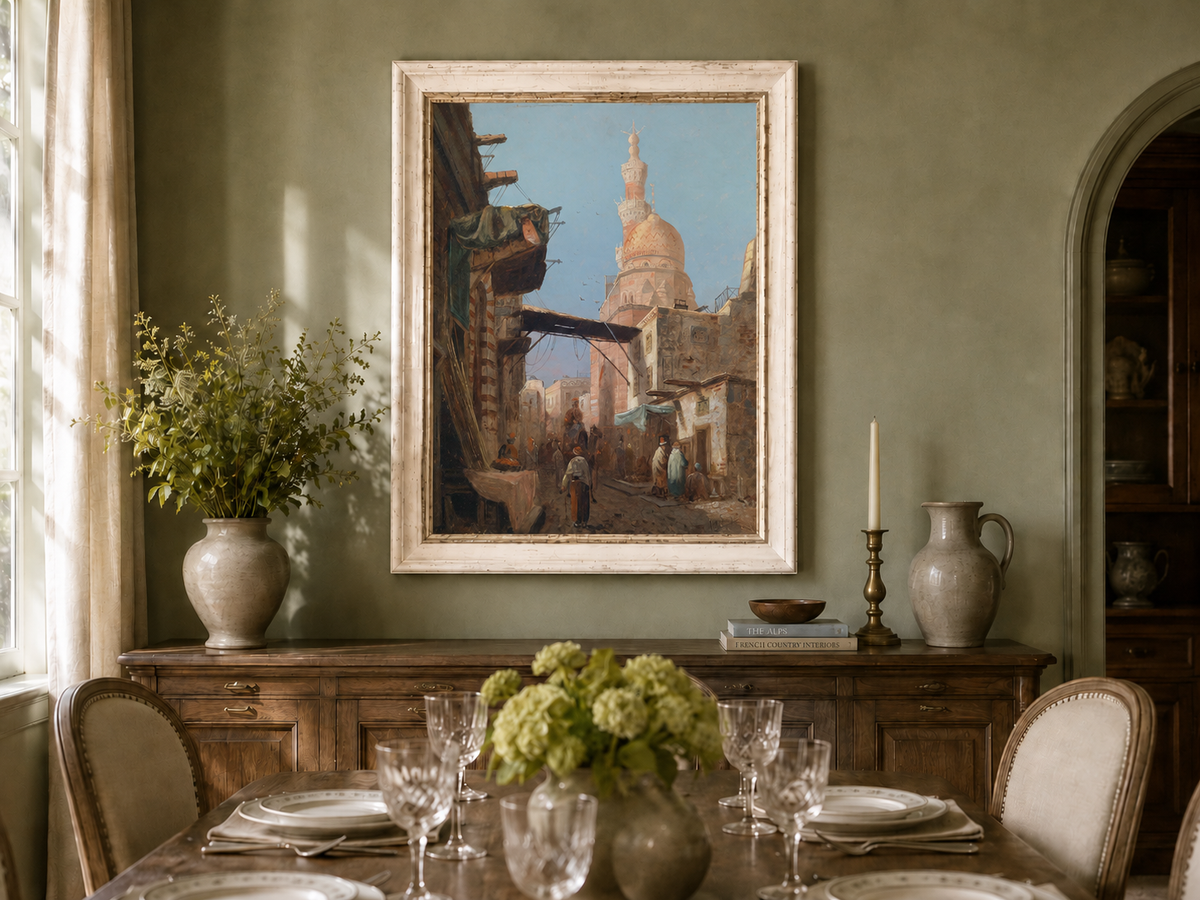 Landscape Oil Painting - Cairo Street Mosque and Market Scene