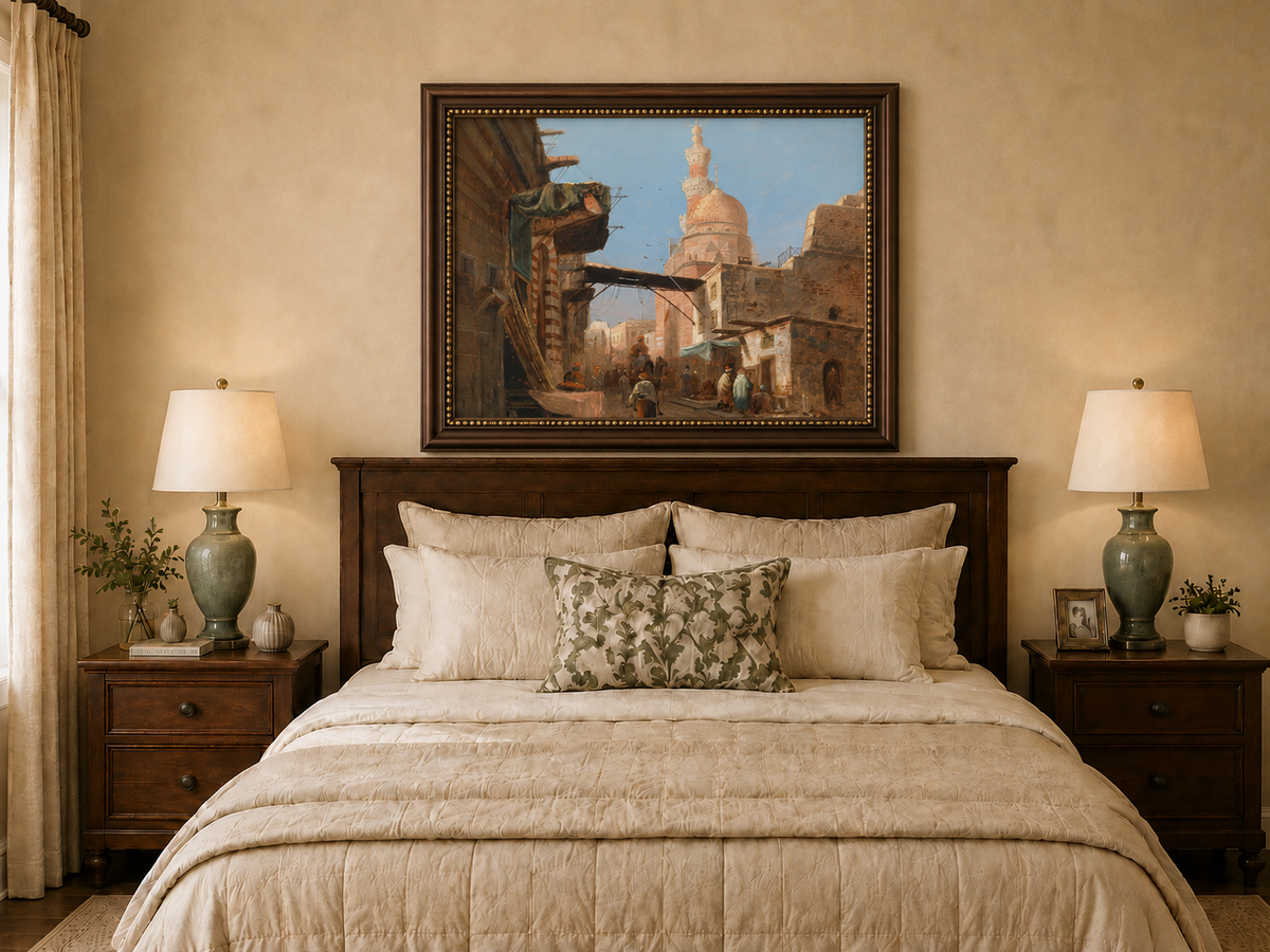 Landscape Oil Painting - Cairo Street Mosque and Market Scene