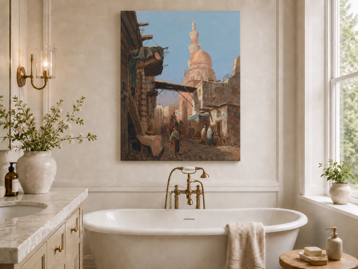 Landscape Oil Painting - Cairo Street Mosque and Market Scene
