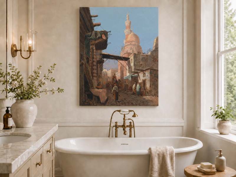 Landscape Oil Painting - Cairo Street Mosque and Market Scene