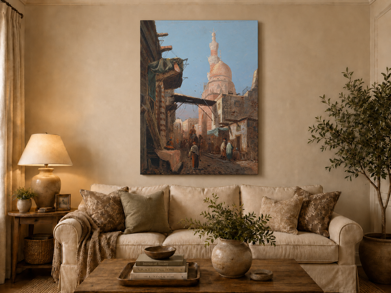 Landscape Oil Painting - Cairo Street Mosque and Market Scene