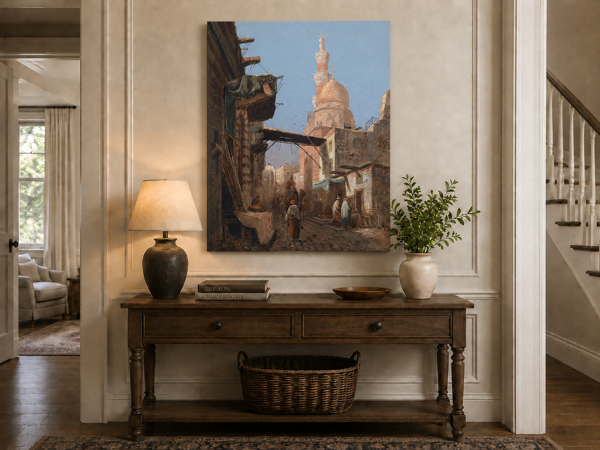 Landscape Oil Painting - Cairo Street Mosque and Market Scene