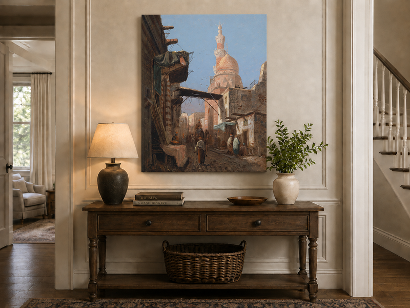 Landscape Oil Painting - Cairo Street Mosque and Market Scene