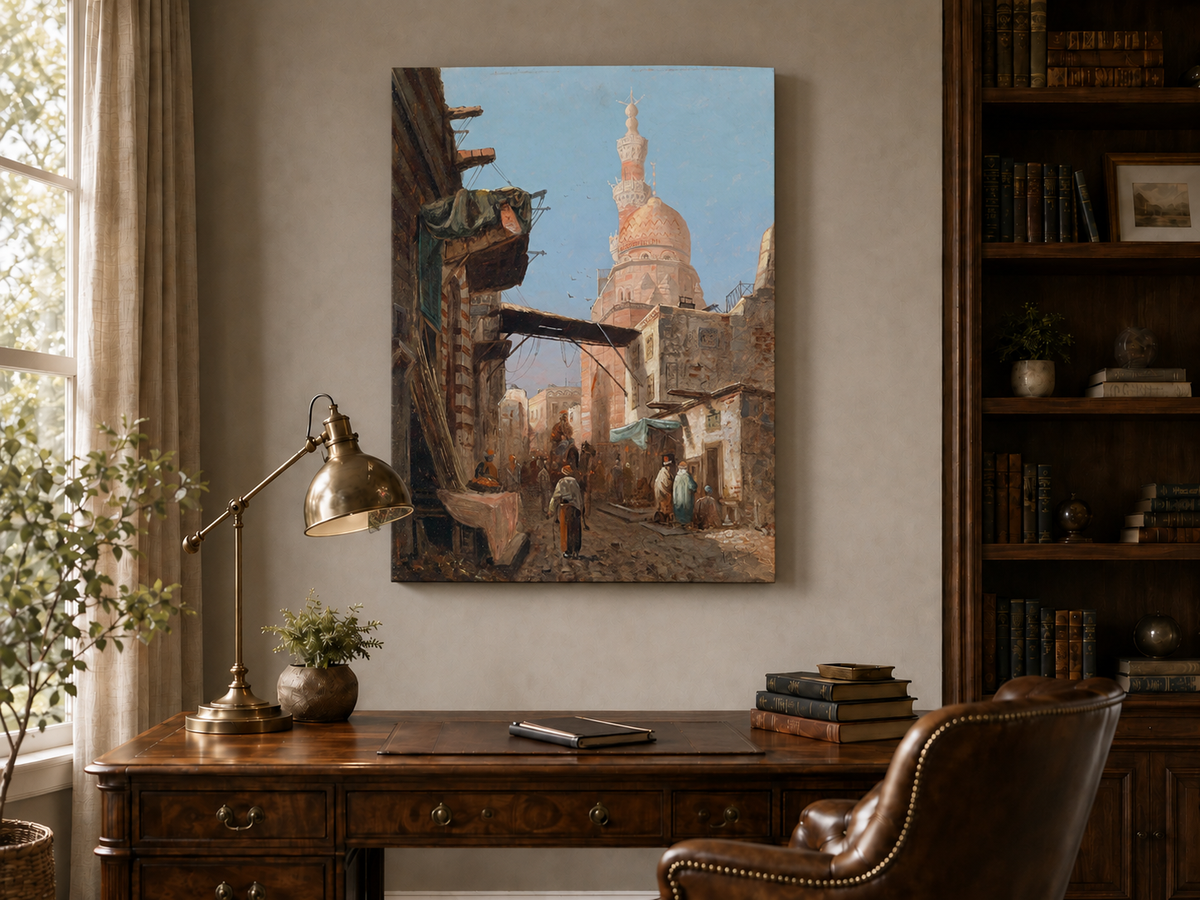 Landscape Oil Painting - Cairo Street Mosque and Market Scene
