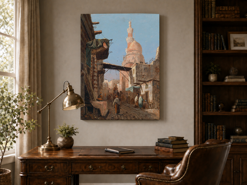 Landscape Oil Painting - Cairo Street Mosque and Market Scene