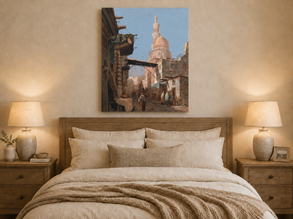 Landscape Oil Painting - Cairo Street Mosque and Market Scene