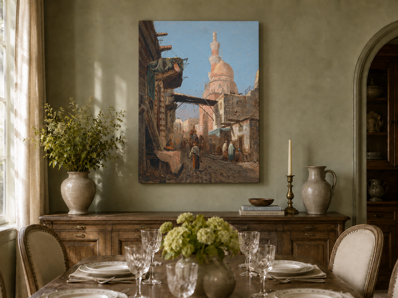 Landscape Oil Painting - Cairo Street Mosque and Market Scene
