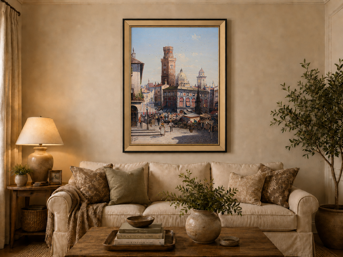 Landscape Oil Painting - Historic City Market with Bell Tower
