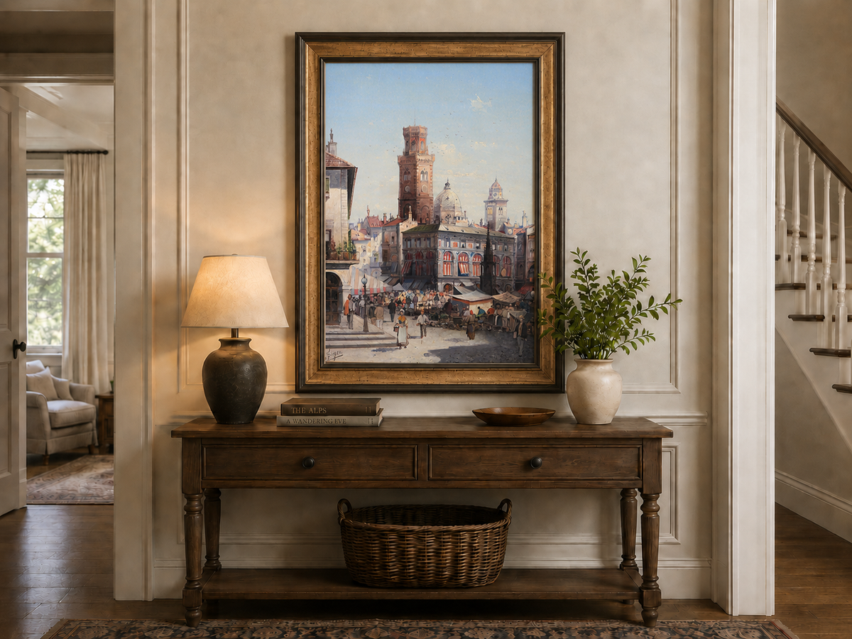 Landscape Oil Painting - Historic City Market with Bell Tower