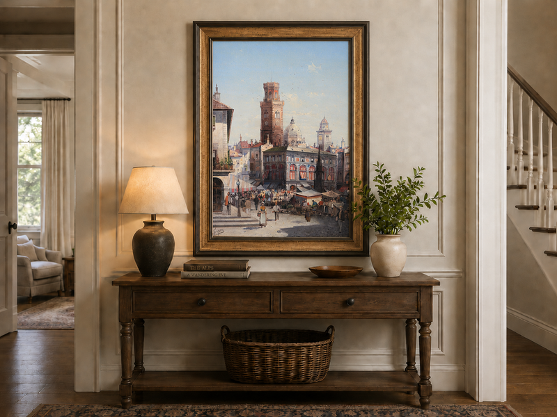 Landscape Oil Painting - Historic City Market with Bell Tower