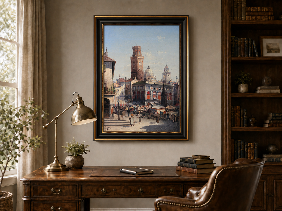 Landscape Oil Painting - Historic City Market with Bell Tower