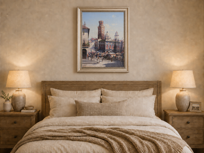Landscape Oil Painting - Historic City Market with Bell Tower