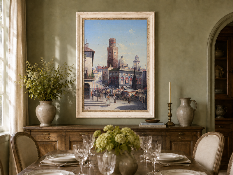 Landscape Oil Painting - Historic City Market with Bell Tower
