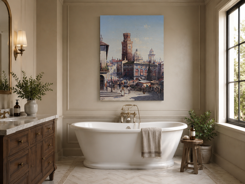 Landscape Oil Painting - Historic City Market with Bell Tower