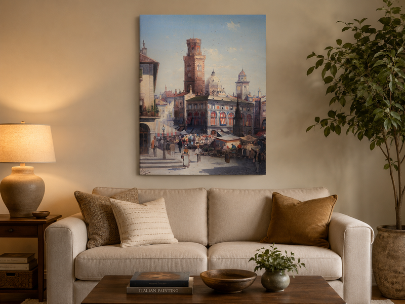 Landscape Oil Painting - Historic City Market with Bell Tower