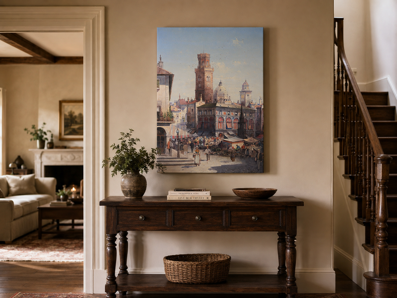 Landscape Oil Painting - Historic City Market with Bell Tower