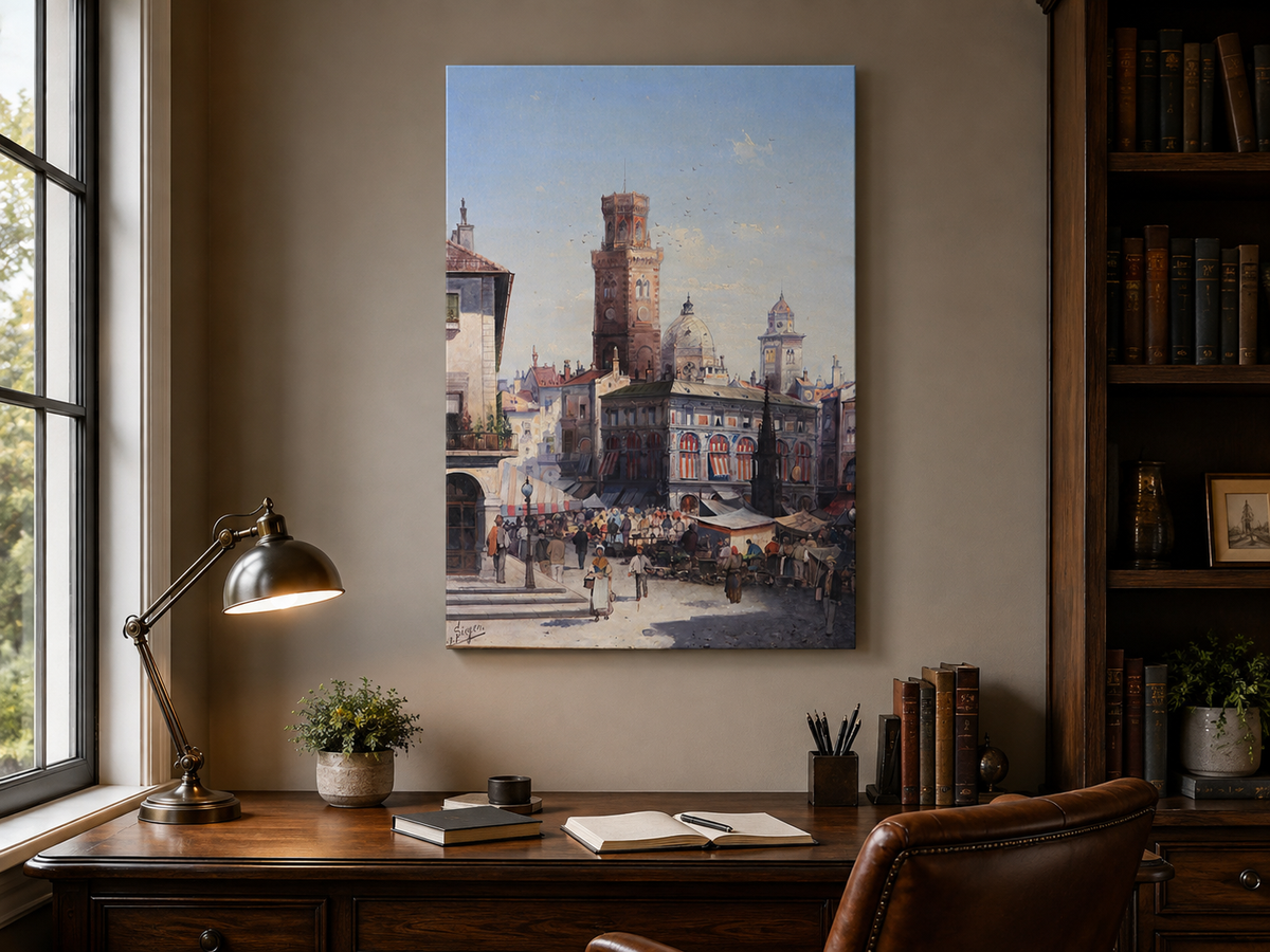 Landscape Oil Painting - Historic City Market with Bell Tower