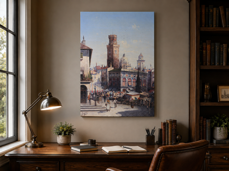 Landscape Oil Painting - Historic City Market with Bell Tower