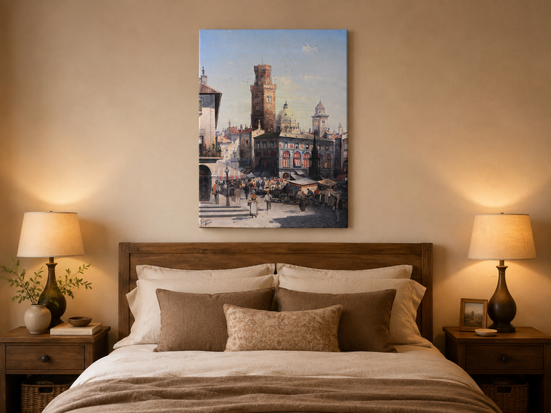 Landscape Oil Painting - Historic City Market with Bell Tower