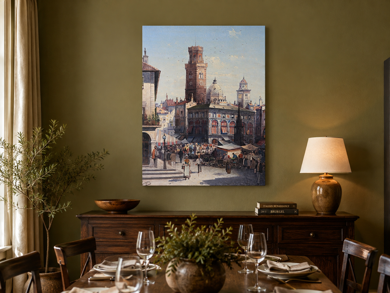 Landscape Oil Painting - Historic City Market with Bell Tower
