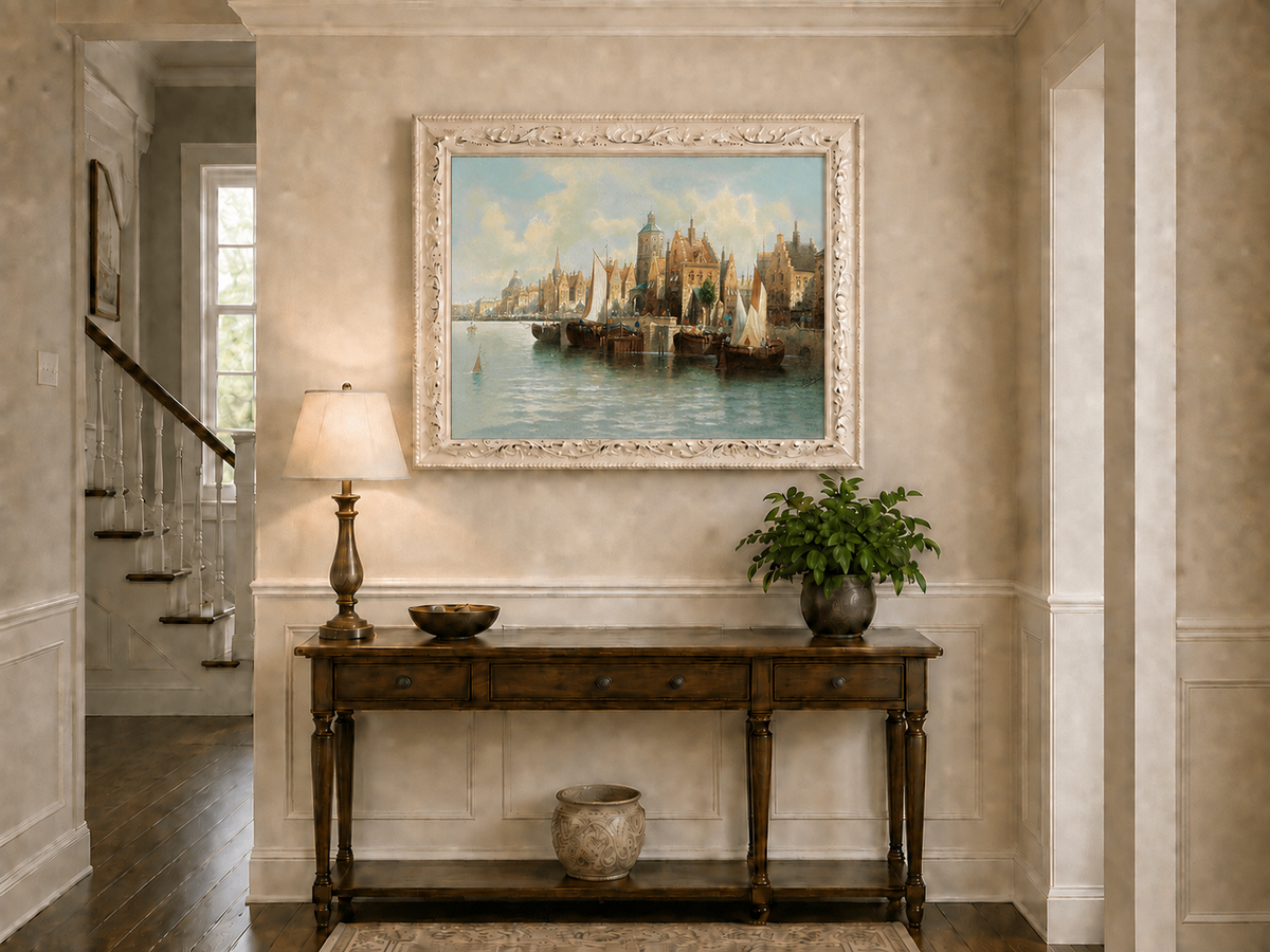 Ölgemälde Landschaft - Amsterdamer Hafen und Segelboote