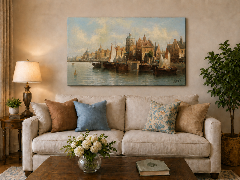 Ölgemälde Landschaft - Amsterdamer Hafen und Segelboote