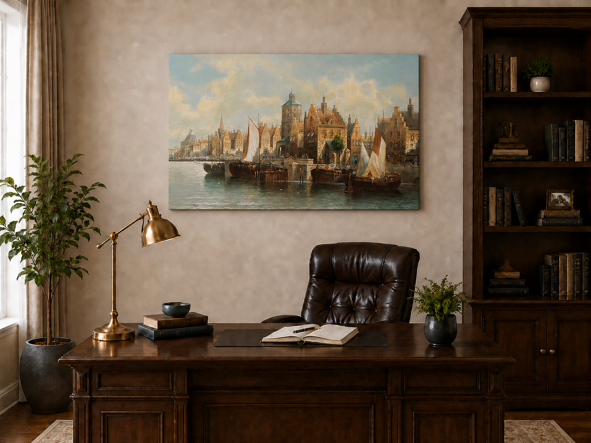 Ölgemälde Landschaft - Amsterdamer Hafen und Segelboote