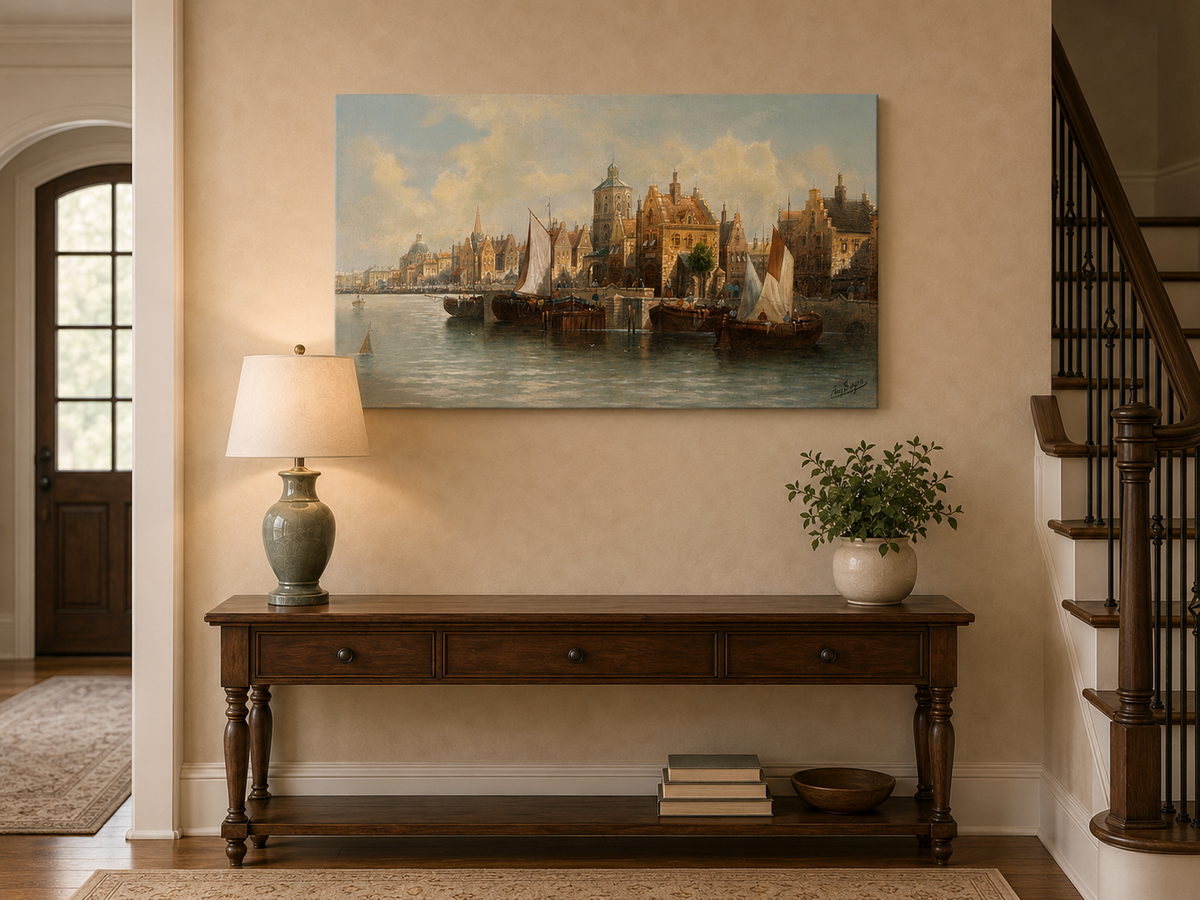 Ölgemälde Landschaft - Amsterdamer Hafen und Segelboote