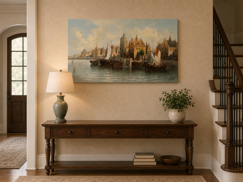 Ölgemälde Landschaft - Amsterdamer Hafen und Segelboote