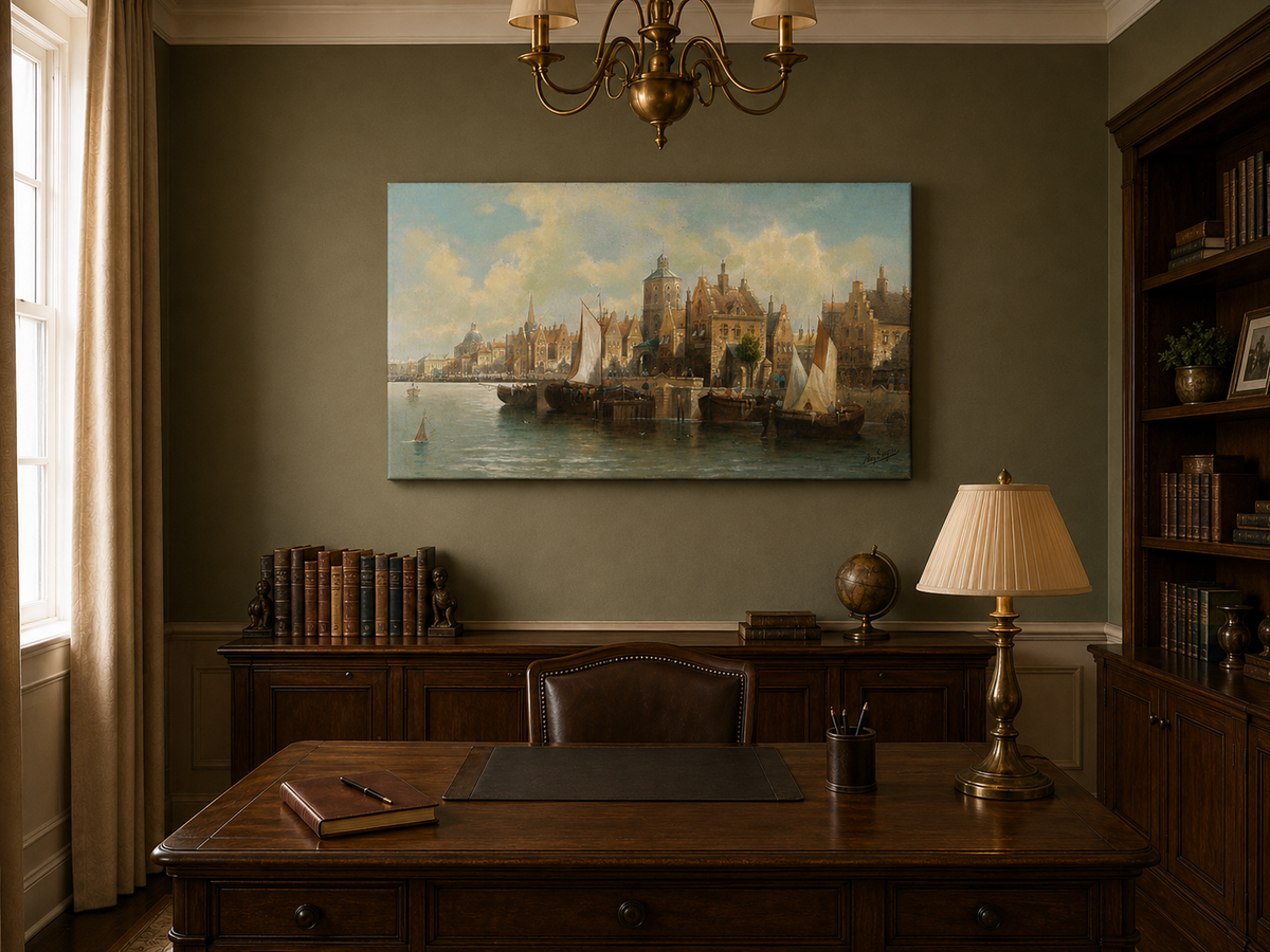 Ölgemälde Landschaft - Amsterdamer Hafen und Segelboote