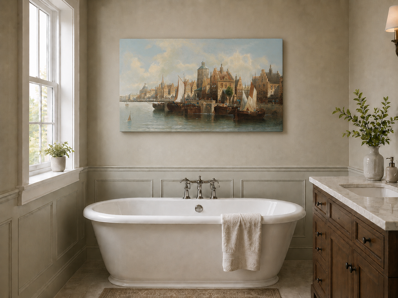 Ölgemälde Landschaft - Amsterdamer Hafen und Segelboote