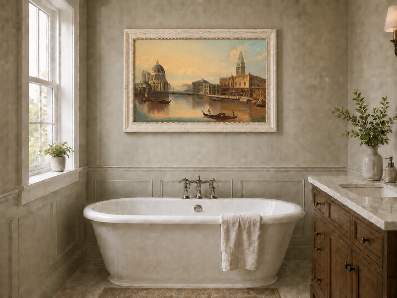 Landscape Oil Painting - Venice Canal, Basilica & Historic