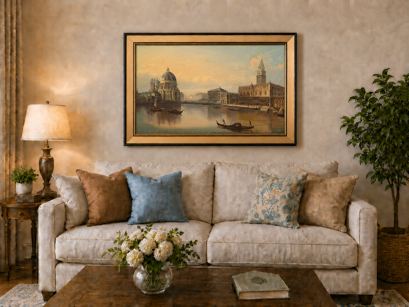 Landscape Oil Painting - Venice Canal, Basilica & Historic