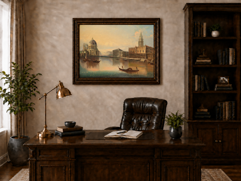 Landscape Oil Painting - Venice Canal, Basilica & Historic