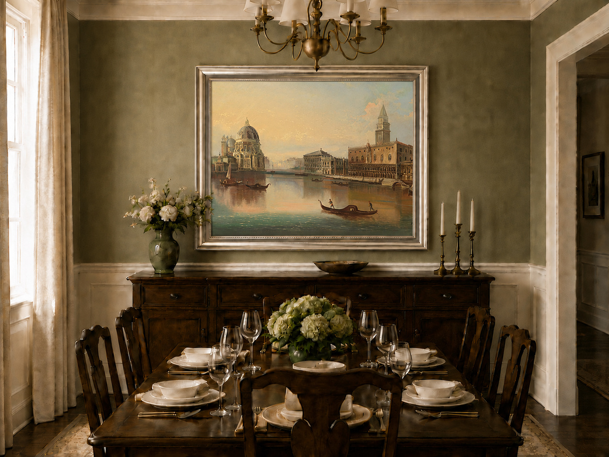 Landscape Oil Painting - Venice Canal, Basilica & Historic